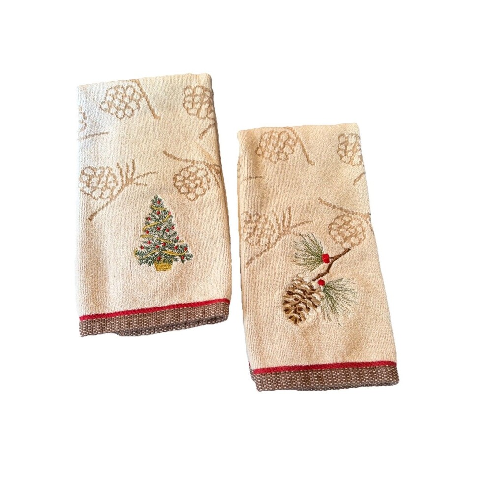 SKL Home Christmas Embroidered Bath & Hand Towel Set Of 2 Pine Cones Tree Cotton